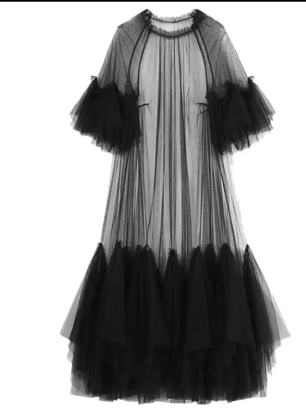 Black Sheer Tulle Ruffled Midi Dress